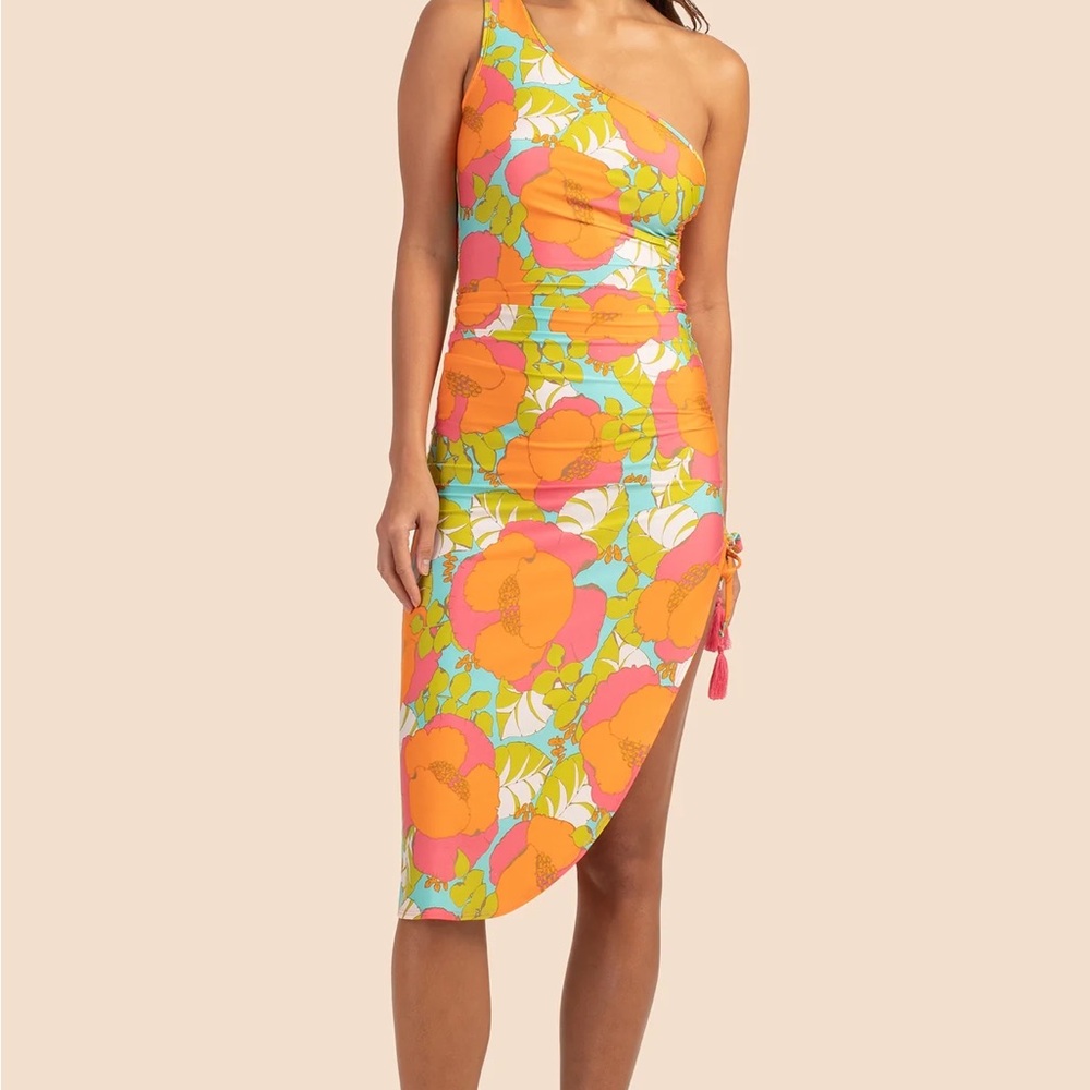 Trina Turk Orange Yellow Ruched One Shoulder Dress